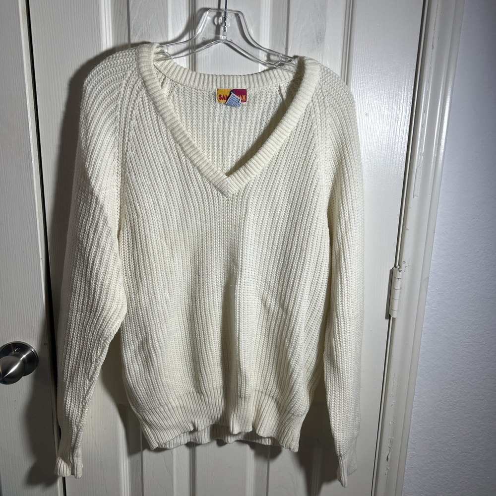 Sam & Max Womens Knit Acrylic Sweater Size L White V-Neck Ribbed Vintage